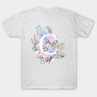 botanical monogram alphabet C hydrangea flowers T-Shirt